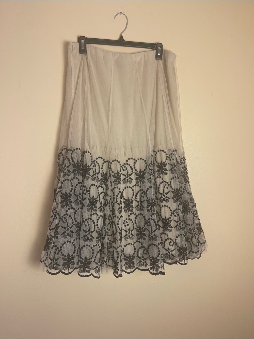 Romantic Ivory Embroidered Sheer Mesh Midi Skirt XL Flare Coquette Balletcore